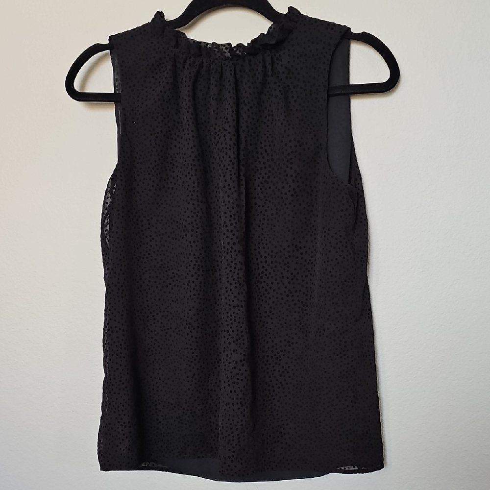 LOFT Girly Witchy Dressy Black Flocked Dot Sleeveless Ruffle Neck Blouse XS